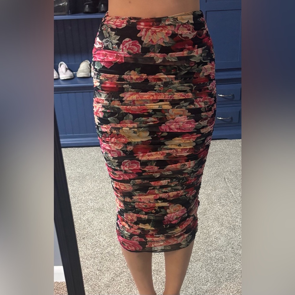Express Black Floral Midi Skirt